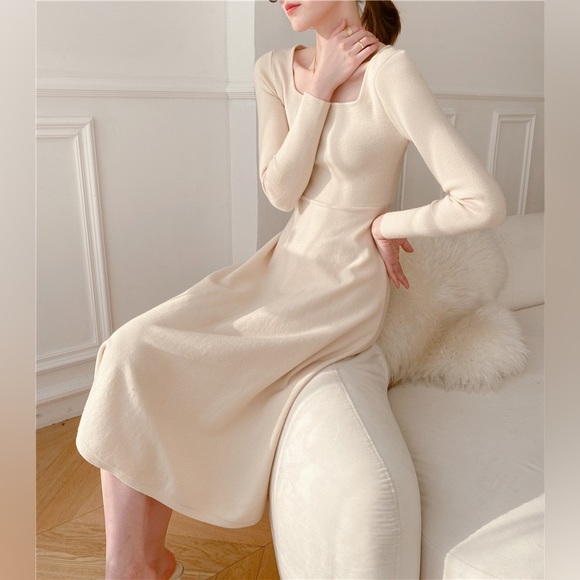 Cream-White Slim Fit Long Sweater Dress - Picture 2 of 8